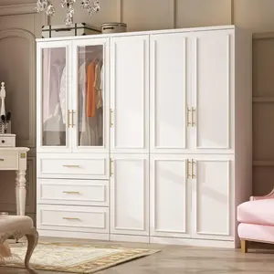 FUFU&GAGA Modern White Wardrobe Cabinet with 8 Doors, Hanging Rods, Gold Handles, Glass Doors, and 3 Drawers, Perfect for Bedroom or Cloakroom
