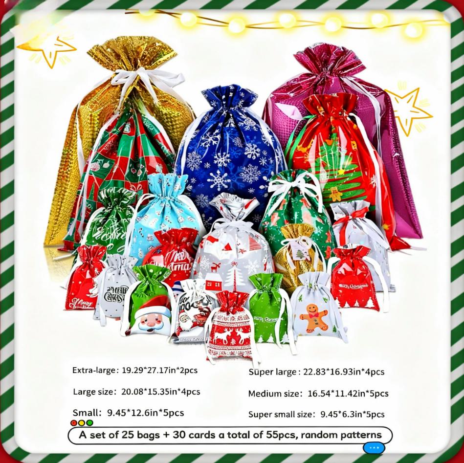 50PCS Christmas Gift Wrapping Set (25 Colorful Bags + 25 Tags) – Random Patterns, Say Goodbye to Single-Style Gift Bags, Perfect for Holiday Gifts