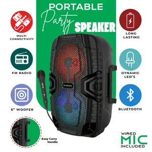 Audiobox Dual 6” Bluetooth Party Speaker with Wired Microphone for Karaoke PA LED Lights, TWS, USB, FM & Mic Cable Rechargeable