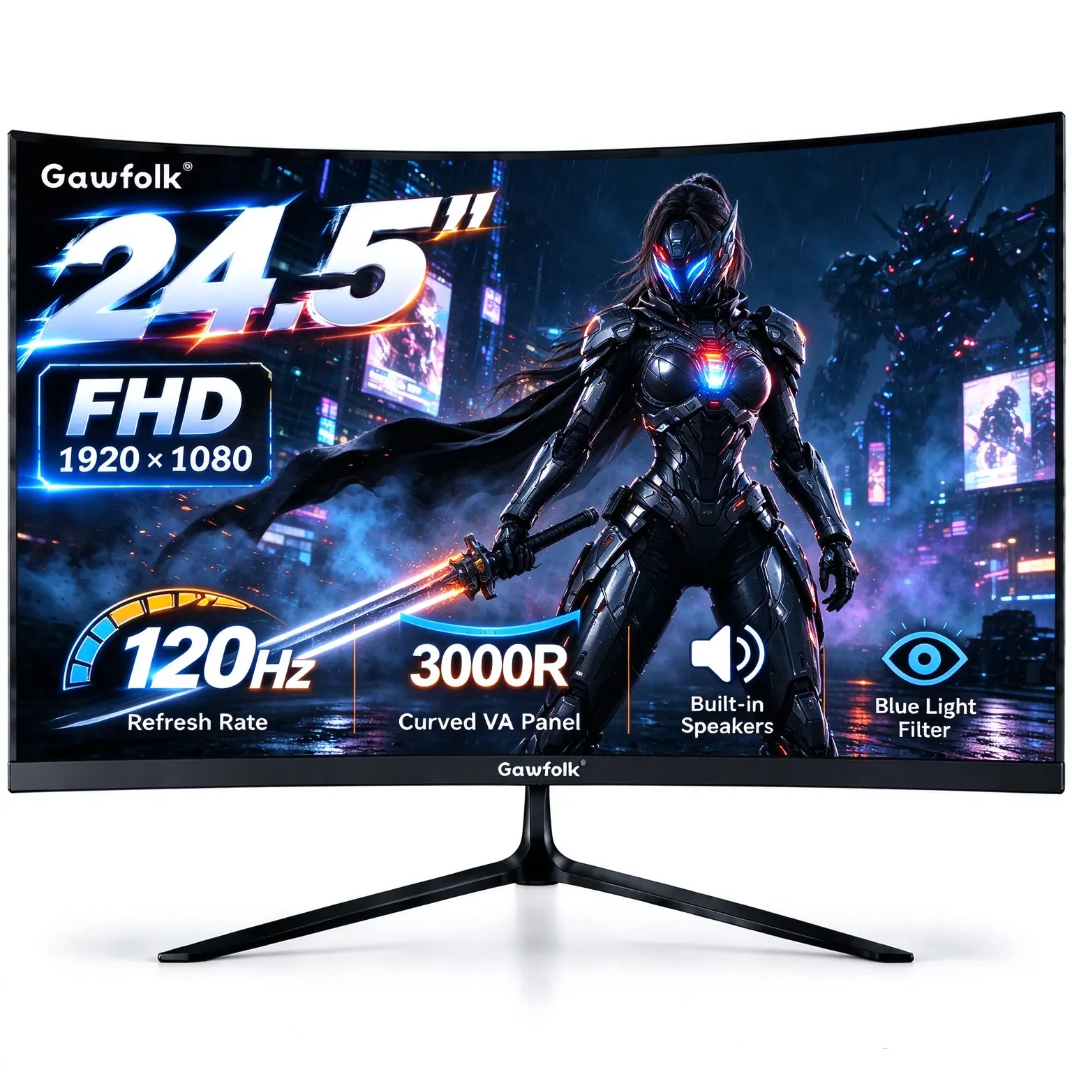24.5" 120Hz Gawfolk Curved Gaming Monitor, FHD 1080P, 3000R VA with Built-in Speakers