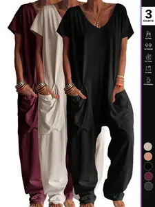 2026 Women's Casual Jumpsuit, Womenswear Short-Sleeve V-Neck Harem Pants, Loose Fit Wide Leg, Perfect for All Seasons, Stylish & Comfortable