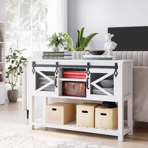 46" White Farmhouse Console Table with Sliding Barn Doors – Narrow Rustic Sofa Table with Storage Shelves – Stylish Entryway Furniture