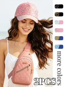 2 PCS Men's and Women's Universal Fashion Beaded Truck Cap & Large Capacity Shoulder Bag Set. Trendy and fashionable, versatile sun-protective outdoor hat suitable for daily outings and storage. Ideal as a gift.