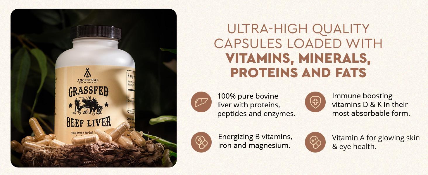 Ancestral Supplements Grass-Fed Beef Liver Capsules – Nutrient-Dense, Freeze-Dried, 180 Count
