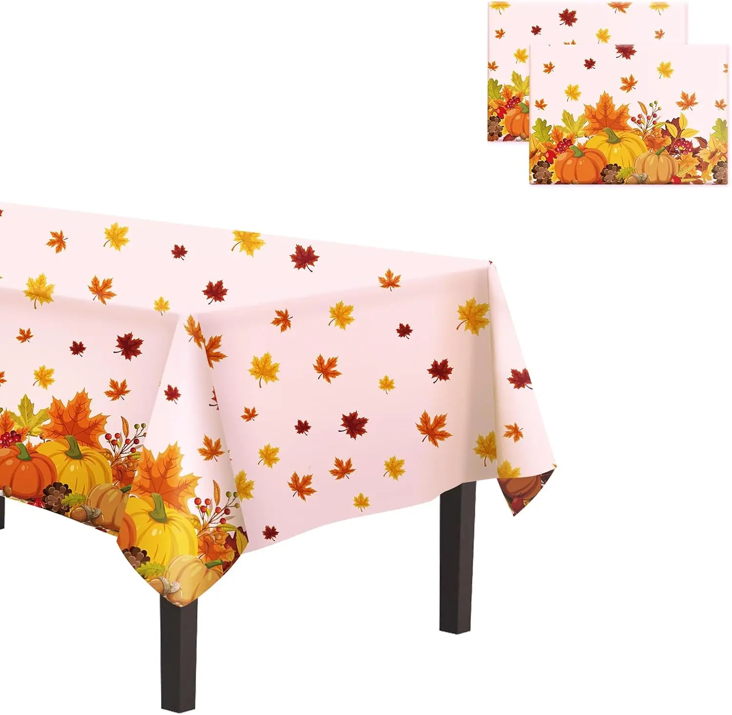 Thanksgiving Tablecloth Plastic 54x108 Inch, 2 Pack Disposable Fall Pumpkin Table Cover, Orange Maple Leaf Rectangle Autumn Table Cloth for Fall Thanksgiving Day Table Decor Decoration