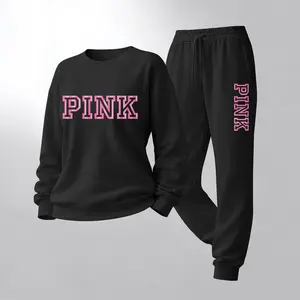 Women's Striped Letter Print Crewneck Sweatshirt and Drawstring Track Pants Set, Casual Sportswear, Long-Sleeve Round Neck Top and Pants, Suitable for Spring, Autumn and Winter, Everyday Wear