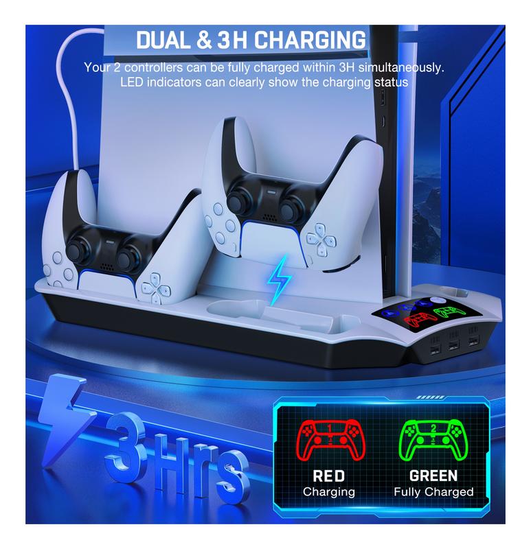 ESYWEN PS5 Slim/PS5 Pro Stand & Cooling Station with Dual Controller Charger, 3-Level Fan, 13-Game Holder, USB Hub, Headset Mount, Fast Charging Dock, LED Indicators