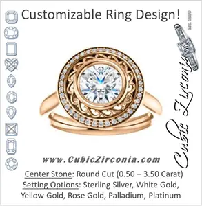 Cubic Zirconia Engagement Ring- The Bessie (Customizable Cathedral-Bezel Round Cut Design with Flowery Filigree and Halo)