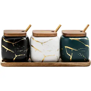 3 Pcs Ceramic Sugar Bowls Coffee Jar Set Seasoning Jars with Lid Spoon and Tray Food Storage Canister Color Mixing
