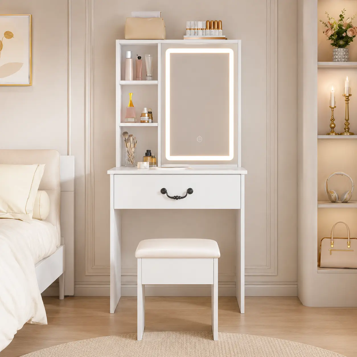 White Mini LED Vanity Dressing Table with Dimmable Light Mirror, Hidden Storage, Multi-Tier Shelves and Padded Stool