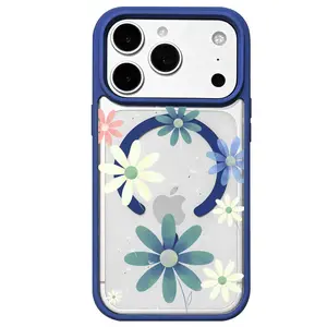 Cute Daisy Floral Curve MagSafe Case for iPhone 17 16 15 14 Pro Max Air 13 12 11 Plus Colorful Flower Clear Phone Cover Aesthetic Shockproof Plastic Acrylic Camera Protection Trendy Smartphone Casing Gift for Girls MKCX260423011