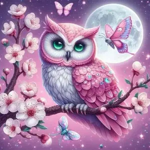 5D DIY Full Round Drill Diamond Painting Kit - Diamond Art with Pink Owl Mosaic, Canvas - DIY Decorative Painting, Home Wall Decor, Perfect for Halloween, Christmas, Birthday and Anniversary Gifts