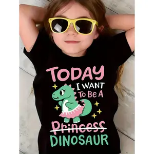 Girls' "Today I Want to Be a Princess Dinosaur" Graphic T-Shirt - Cute Cartoon Dinosaur & Stars Print, Soft Breathable Cotton, Round Neck Casual Top for Spring/Summer Playtime & Casual Attire, Youths Fashion Tee, Fun Teens Apparel, Comfortable Fit