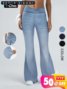 High Elasticity Cross Waist Flare Light Wash Solid Jeans Pants, Women's Casual Denim Trousers, Womenswear, Comfortable, Stylish and Fit, Fitted, Perfect for Daily Wear