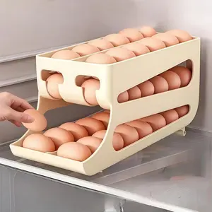 Refrigerator Egg Rack, Holds 60 Eggs, 7-Degree Inclined Design, Egg Slide, Automatic Egg Rolling and Replenishment, Upgraded Double-Row Space, Extra Large, Three-Layer Durable PP Material Egg Basket, Most Space-Saving and Practical, Kitchen Refrigerator S
