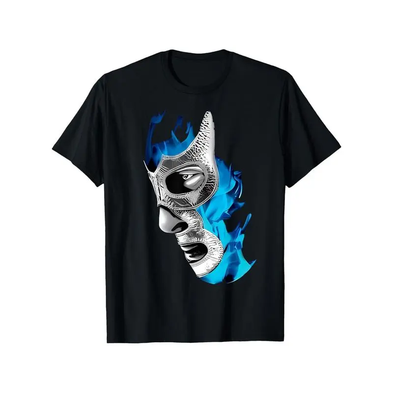 Mex-Art Demon Blue Lucha Libre Mexican Wrestler Graphic T-Shirt (Mens) - 100% cotton soft breathable regular fit casual tee with vibrant mask print, double needle seams, machine washable, sizes S-3XL, wrestling t-shirt, everyday wear top, durable fabric s