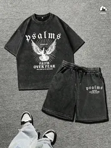 Unisex Loose Fit Psalm Scripture Two-Piece Set, Washed Tee & Shorts with Peace Dove Print, Soft Cotton Fabric, Casual Church Wear
