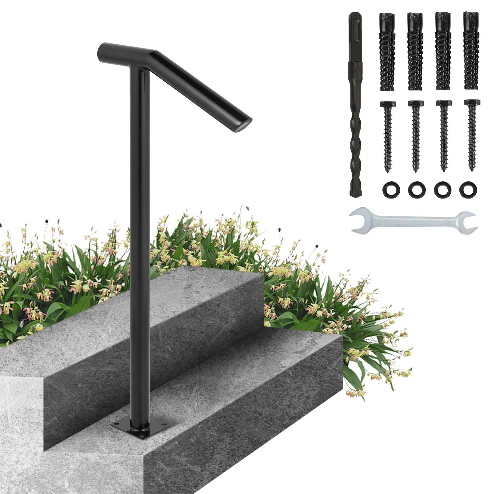 Black Steel Single Post Railing – 441LBS Capacity, Baking Varnish Finish, Stylish Handrails for Outdoor Steps, with Expansion Bolts & Drill Bit