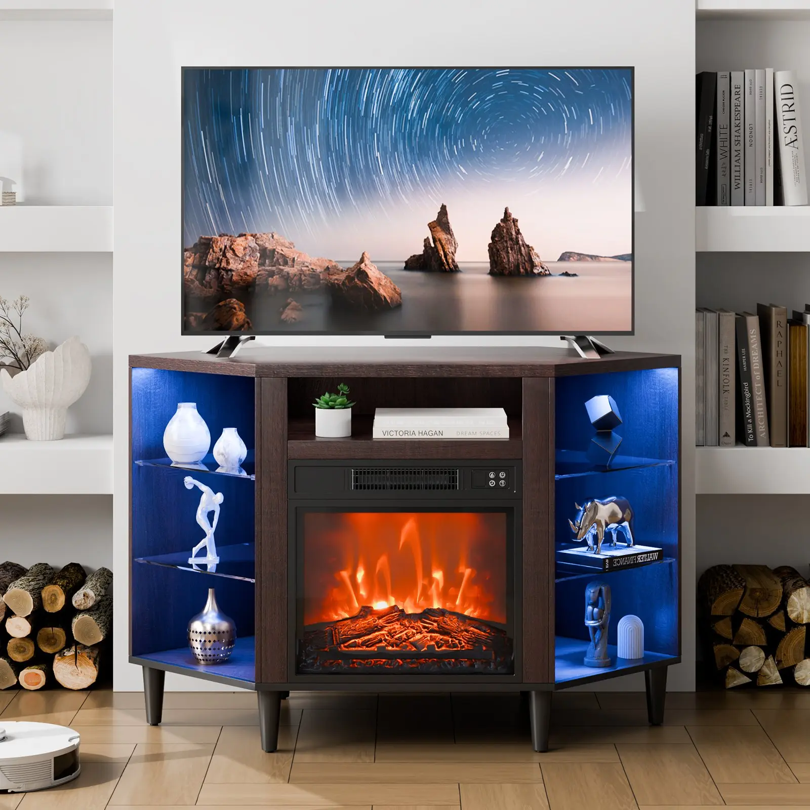 VEVOR Electric Fireplace TV Stand, Corner TV Stand for TVs up to 50", Corner Console with 18" Fireplace, Vintage Design, 20 LED Lights, Remote Control & Timer for Living Room, Brown