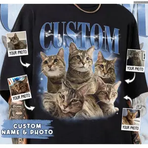 Custom Photo Pet Person Vintage Bootleg Shirt, Personalized Retro Cat Dog Sweater Hoodie, Cat Mom Gift , Global Trending Outfits