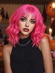 12 Inch Bangs Short Curly Bob Wig with Bangs, Synthetic Full Head Set, High Temperature Fiber, Curly Wigs, Perfect for Holidays and Halloween