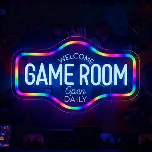 Welcome Game Room Neon Sign - Fixed Multi-Color LED Wall Decor, "Open Daily" Rainbow Look for Gaming Setup, Man Cave, Kids Playroom, Streamer Backdrop, Arcade Sign, Gamer Decor, LED Neon Light Wall Art for Bedroom, Bar, Dorm, Party, Gift for Gamers