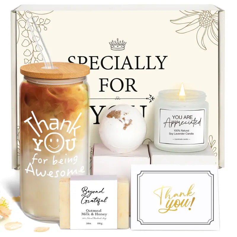 Gratitude Deluxe Gift Basket - 18oz Glass Cup with Printed Text Thank-You Cards, Employee Appreciation Gift for Women, Home & Festive Party Supplies, Card Adds Personal Touch, Holds Soda Coffee Smoothie