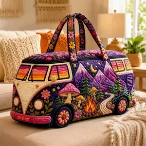 Boho Hippie Mushroom Van Duffel Bag Women Large Capacity Quilted Weekender Travel Bag Portable Carry On Tote for Camping Gym Vacation