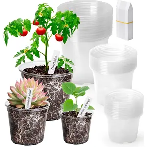 Clear  Pots with Drainage Holes-36 Pack 3/4/5Inch Transparent Plastic  Pots for Seed Starting, High Visibility Root Growth &50Plant Labels (Transparency-no Lid, 3/4/5in-36p)