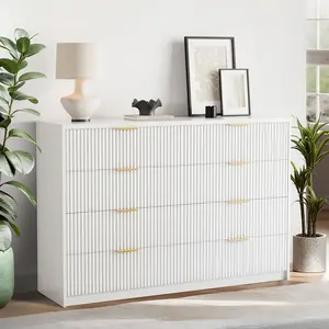 Garvee White 8-Drawer Fluted Dresser with Smooth Slides and Golden Handles, 55" Wide Modern Chest of Drawers for Bedroom, Living Room, and Closet Storage