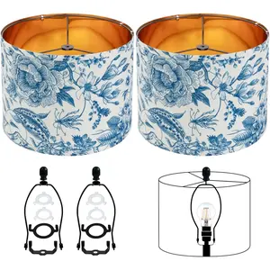 Set of 2 Replacement 12 Inch Drum Lamp Shades - Blue White Floral Pattern, Medium Gold Frame with Harp Holder, Easy Assembly for Table Floor Wall Lights