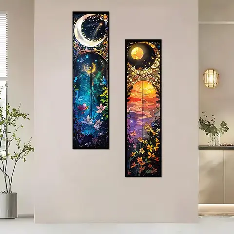 Stained Glass Style Moon Nature Aesthetics Wall Art Flower Pattern Tapestry, 2 Counts/set Vertical Tapestry Wall Hanging for Home Dorm Decor, Perfect Gift for Friends Family, Design, Flowers, Tapestry Room Decor
