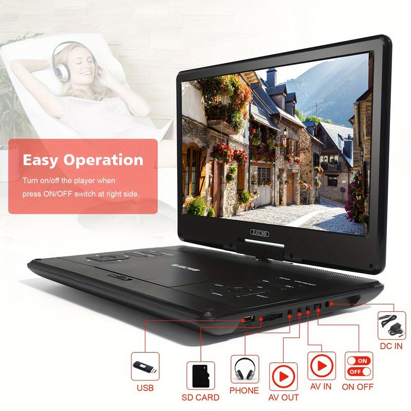 16.9" Portable DVD Player with 270° Rotating Screen Multi-Region Support CD DVD VCD SD Card USB for Car Use & Family Entertainment Digital Products Charger Rechargeable Audio Adapter Remote Control