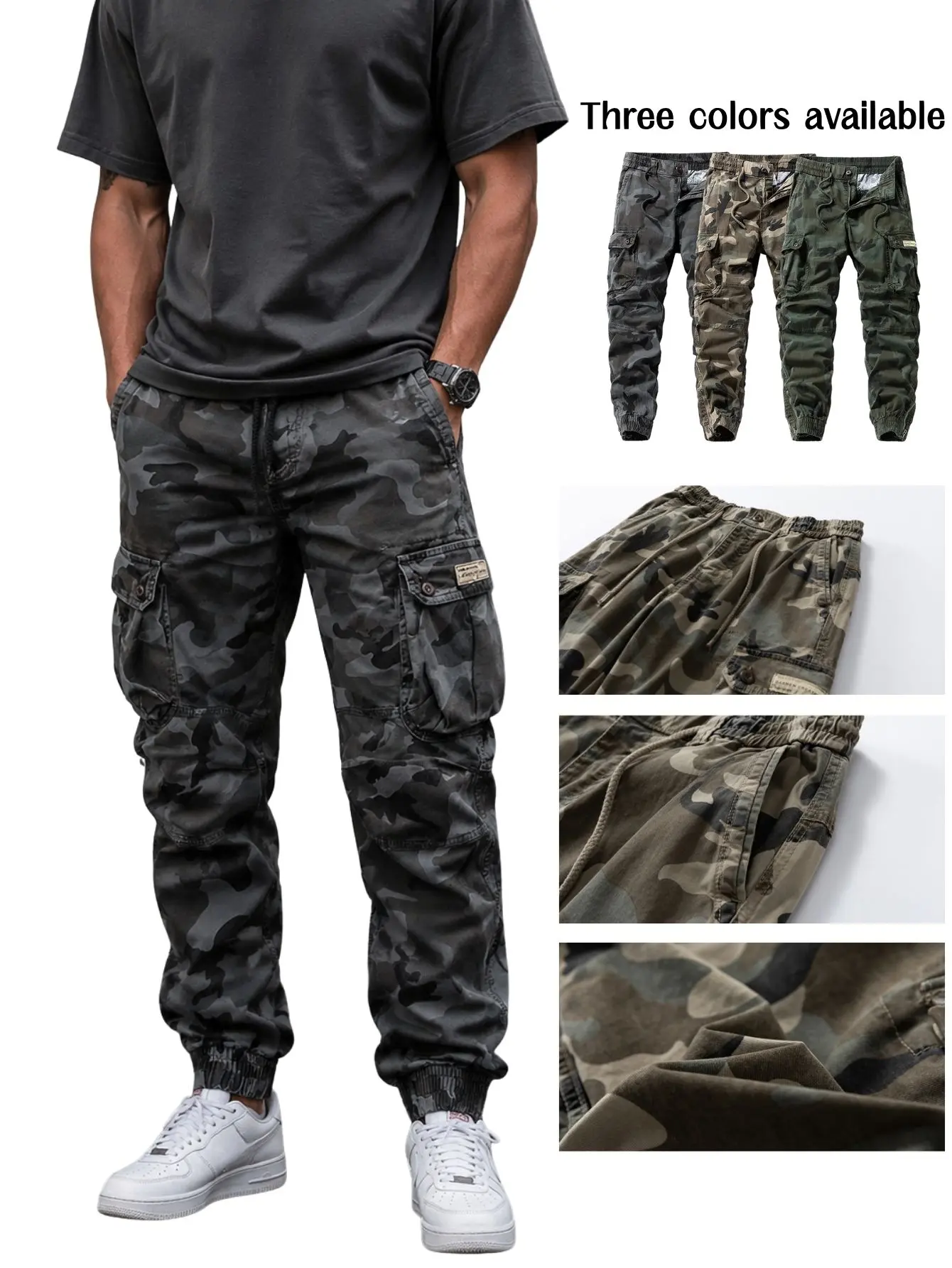 Men’s Camouflage Cotton Cargo Jogger Pants - Multiple Pockets, Elastic Drawstring Waist, Standard Sizes, Suitable for Everyday & Outdoor Wear, Cotton Fabric