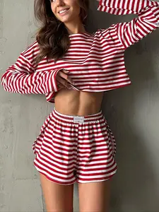 Women's Striped Print Drop Shoulder Crop Top & Elastic Waist Shorts Pyjama, Casual Comfy Round Neck Top & Shorts Pj Set, Pyjamas for Women, Lounge Set for Women, Pajamas