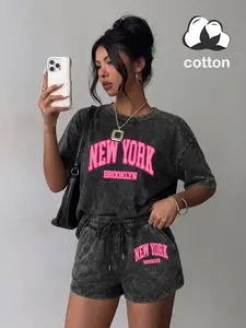 Cotton Two-Piece Set: Women's "NY Brooklyn Barbie" Style T-Shirt & Shorts — Casual Short-Sleeve Top and Shorts Set, Women's All-Season Two-Piece Outfit