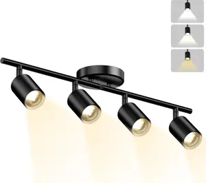 LED 4 Light Track Lighting Kit, Black Ceiling Spotlights, Modern Track Light Fixture with Flexibly Rotatable Light Heads for Kitchen, Living Room, Bedroom, Includes 4 x GU10 Bulb