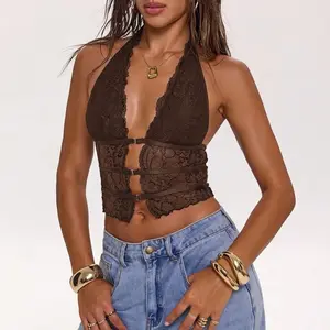 Lunaclo Lace Series Women's Halter Neck Floral Lace Crop Top with Deep V Neck & Cutout Front Breathable Lightweight Quick-Drying High Stretch Camisole, Chic Seamless Skin-Friendly Y2K