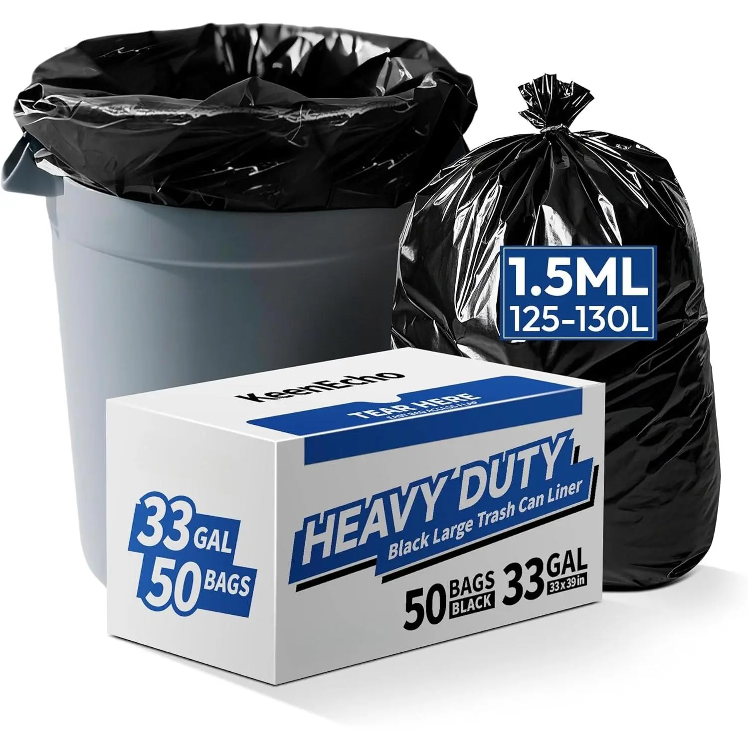 Heavy Duty Contractor Trash Bags 30-33 Gallon 50 Count, 1.5 Mil Extra Thick,  Black Garbage Bags, Leakproof  Seal for Construction, Yard, Demolition Debris
