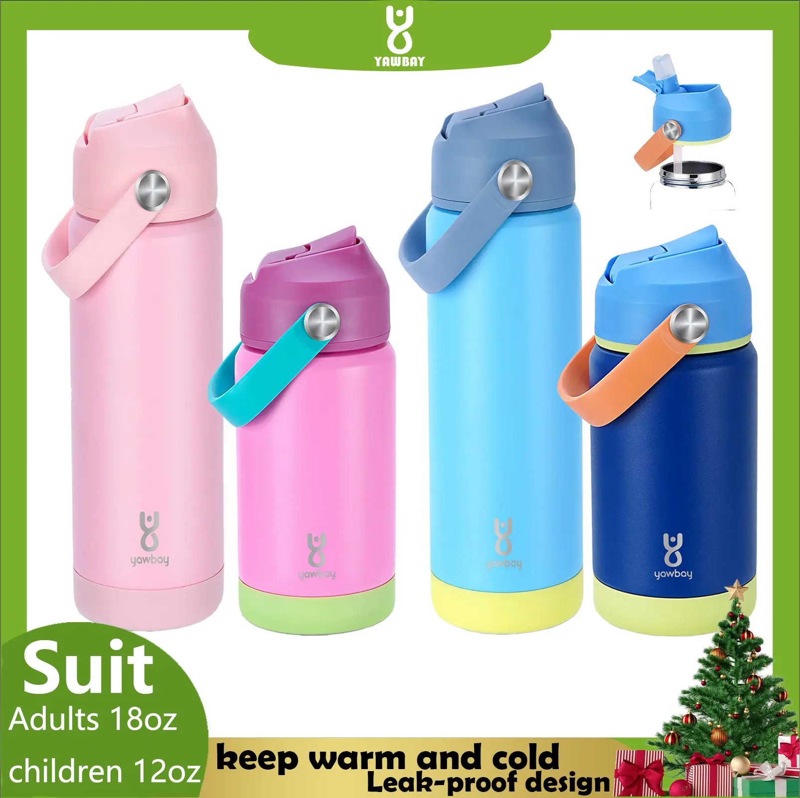 Yawbay Upgraded Version Blue Stainless Steel Vacuum Flask Set - 18oz Adult Portable Water Bottle, 12oz Kids Tumbler, Leakproof Lid with 180° Swivel Handle & Straw, 24H Cold/12H Hot Retention, Ideal Gift for Students, Drink Containers