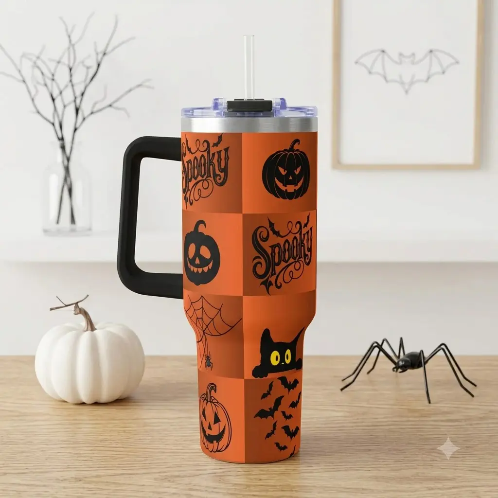 Halloween Spooky Season 40oz Tumbler, Pumpkin Black Cat & Bat Insulated Travel Cup, Halloween Pattern Stainless Steel Tumbler, Reusable Straw Cup, Cute Spooky Gift for Her