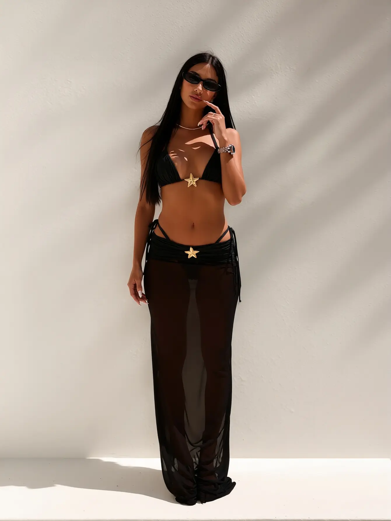 Black Bikini Set for Women, 3-Piece Halter Triangle Swimwear with Sheer Mesh Cover-Up Pants, Chlorine-Resistant with Gold Starfish, Bikinis Sets, Halter Triangle Bikini