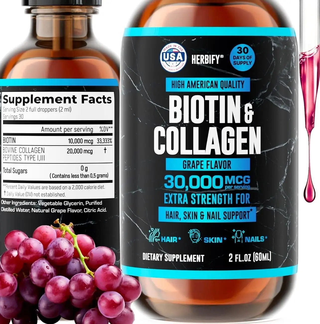 HERBIFY Collagen and Biotin Liquid Drops - Faster Absorption Supplement for Hair Growth and Stronger Nails - Hair Skin and Nails Vitamins for Women and Men - B7 Supplement - Made in USA