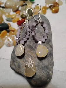 Unique Agate Earrings & Pendant Set Handpicked Polished 2 Inch Long Czech Glass Beads Jewelry