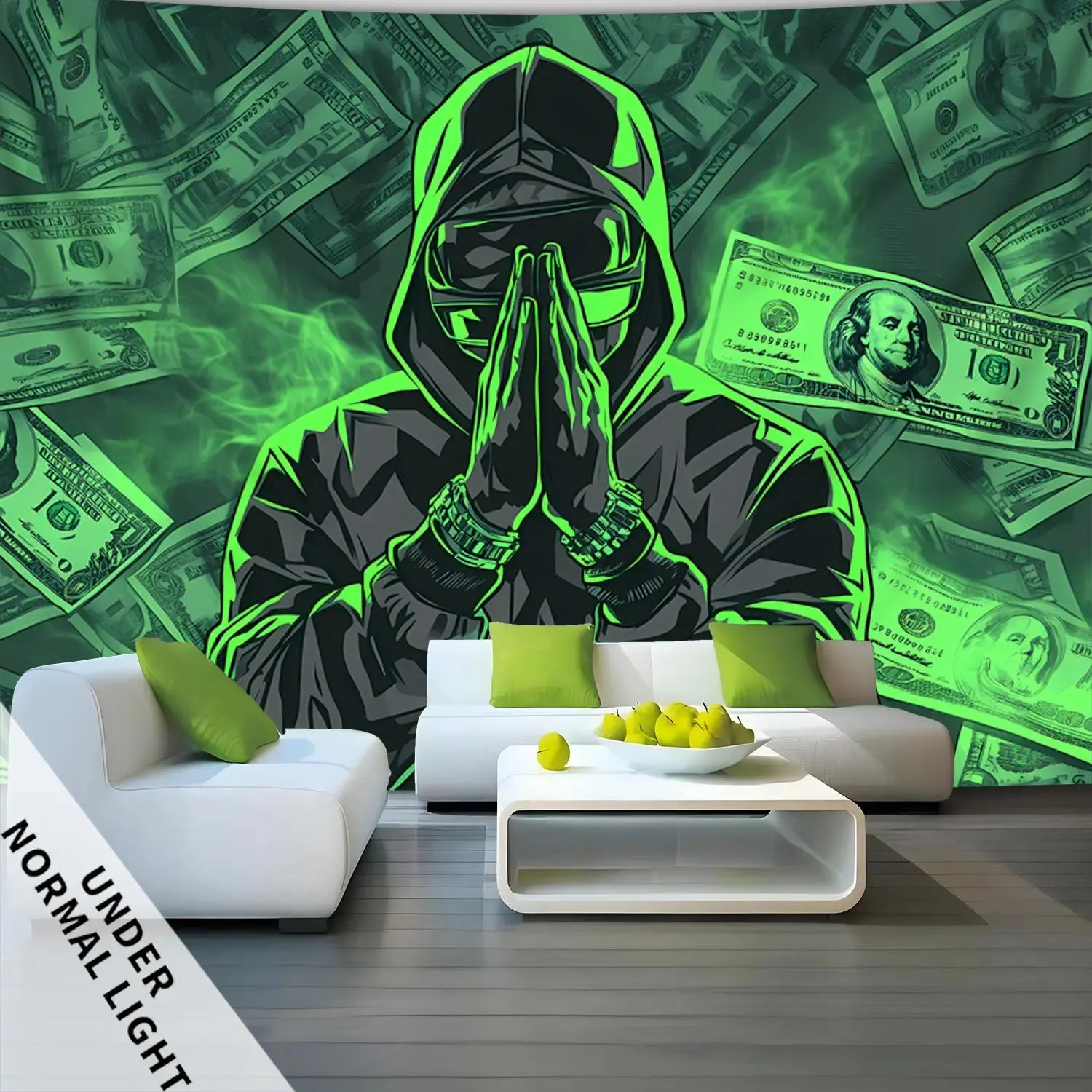 Glow-in-the-Dark Money Prayer Tapestry Wall Mural - 1pc Large Fluorescent Synthetic Polyester Print, Hooded Figure & Cash Design, Easy Install, No Power Needed, Home Accessory, Room Decorations, Cool Room Decor, Corridor Wall Mount Home Decor Supply