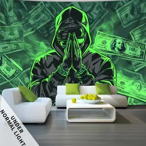 Glow-in-the-Dark Money Prayer Tapestry Wall Mural - 1pc Large Fluorescent Synthetic Polyester Print, Hooded Figure & Cash Design, Easy Install, No Power Needed, Home Decor Supply, Living Room Accessory, Adult Bedroom Gift