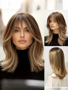 Women's Fashion Gold Multi-Color Medium Long Curly Synthetic Wig, Machine Made Wigs, Daily Wear Party Hairpiece, High-Quality Fiber Material