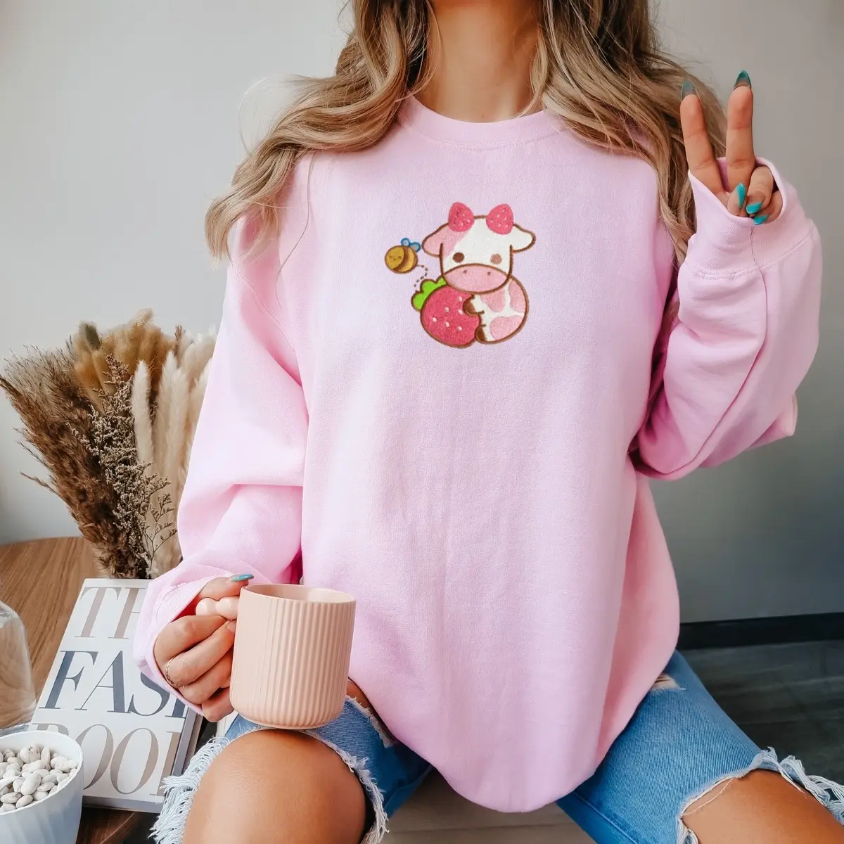 Embroidered Original Strawberry Cow Crewneck Fall Sweatshirt Womenswear , Fall Shirt, Cute Fall Gift, Pink Pullover Sweaters shirts cozy embroidery