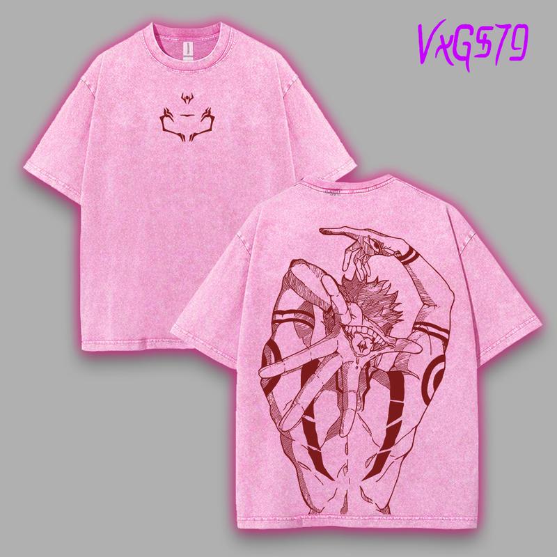 Ryomen Sukuna Pink JJk Jujutsu Kaisen Anime Manga 2 sided Washed T-shirt, Hoodie Cotton Unisex Tshirt 90s Menswear graphic tee