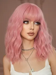 Heat Resistant Bob Wig with Bangs Synthetic Hair for Women Chic Water Wave Bob Wiglet for Parties Cosplay Natural Short Wavy Bob Wig with Adjustable Cap